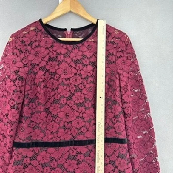 Maggy London Plum Wine Red Lace Fluted Midi Long Sleeve Dress Velvet Belt SZ 14 - Picture 5 of 9